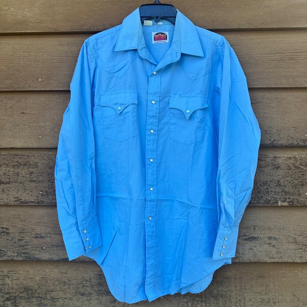 Vintage Miller Miller Miller Western Pearl Snap Button Down Blue Shirt Size 15.5